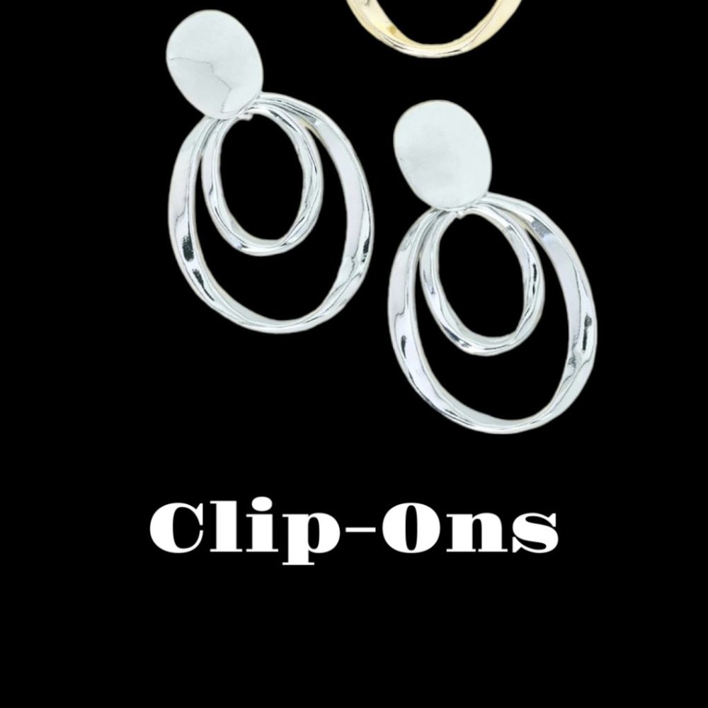 2-Tiered Double Open Circle Clip-On Earrings, Silver